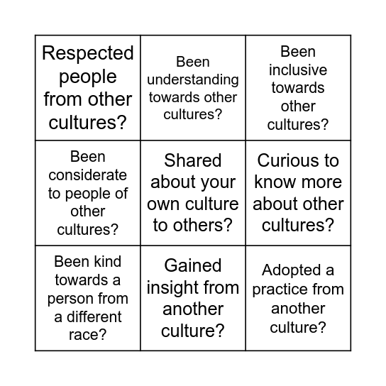 Bingo for Ethnicity! Bingo Card