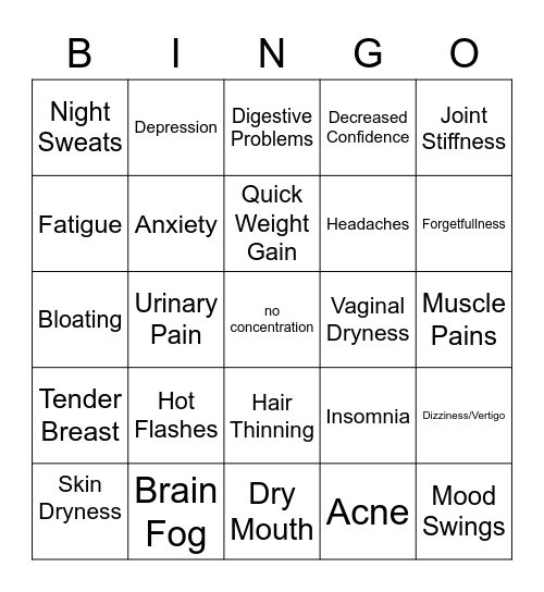 Menopause  Bingo Card