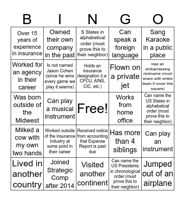 Life Experience Bingo Card
