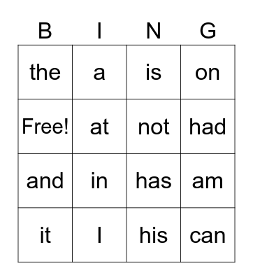 Heart Word BINGO Card