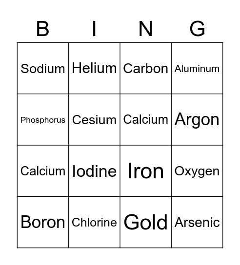 Periodic Table Bingo Card