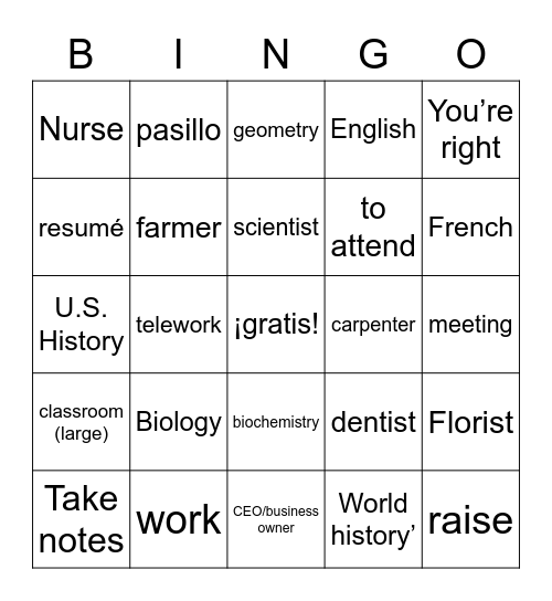 Escuela, trabajo y tiempo libre (Sp3U7) Bingo Card