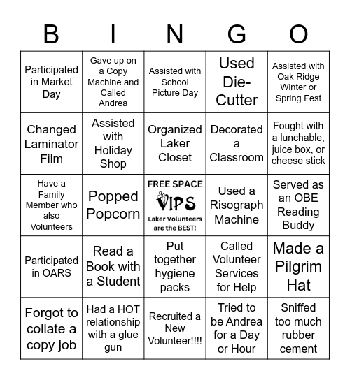 VIPS Bingo Card