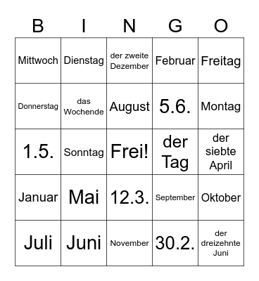 German date, days and months Bingo Card
