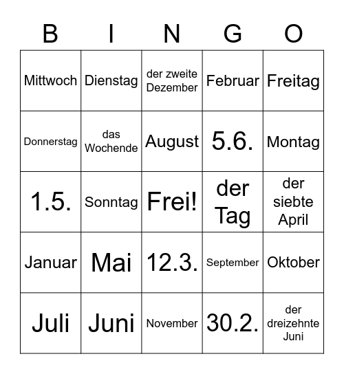 German date, days and months Bingo Card