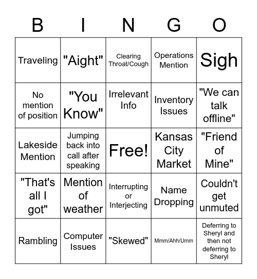 Thursday Call Bingo Card