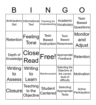 Literacy & EEI Terms Bingo Card