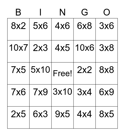 Multiplication BINGO Card
