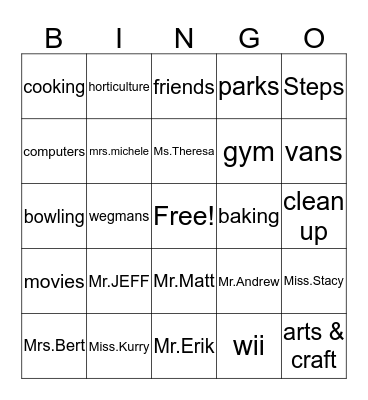 Steps Bingo Card