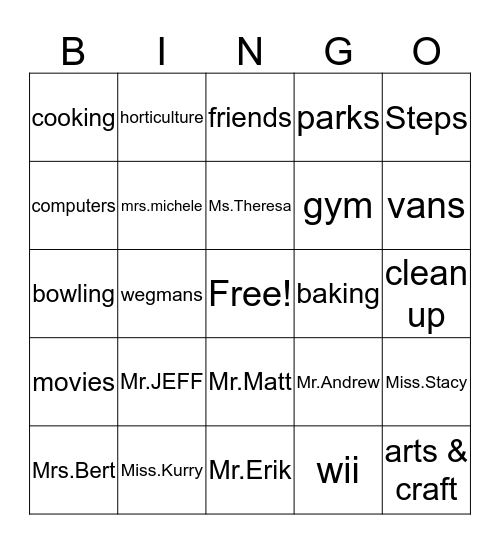 Steps Bingo Card