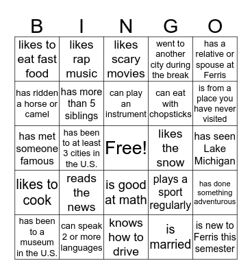 Day 1  Bingo Card