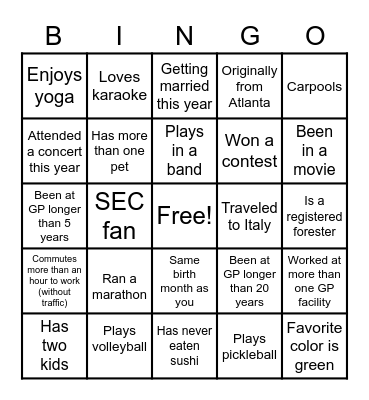 "Get to Know You" Bingo Card