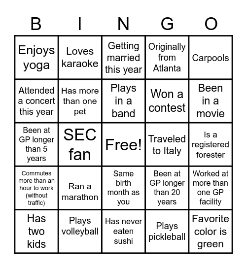 "Get to Know You" Bingo Card