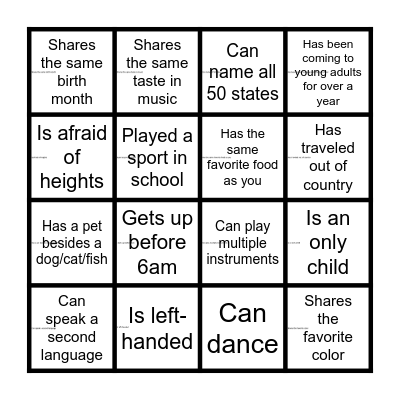 YA Scavenger hunt- Find someone who Bingo Card