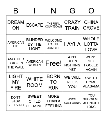 GREATEST ROCK HITS Bingo Card