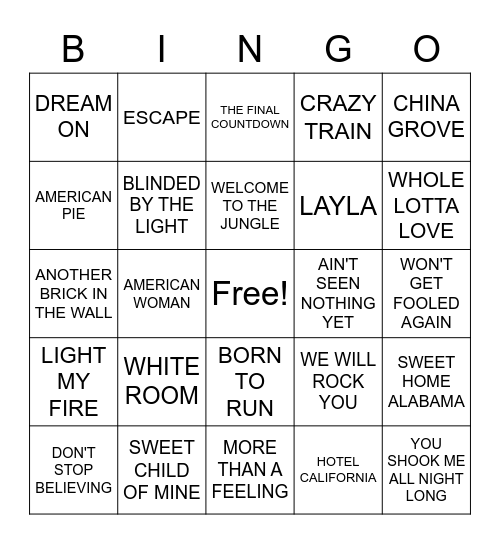 GREATEST ROCK HITS Bingo Card