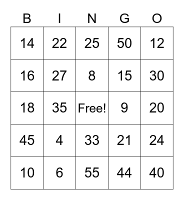 Multiplication Bingo Card