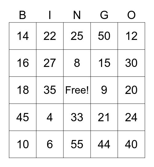 Multiplication Bingo Card