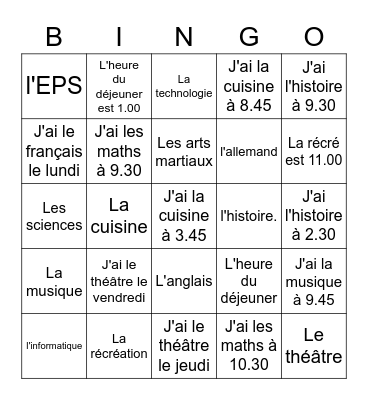 French S1 Bingo Card