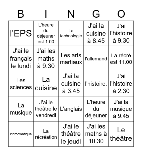 French S1 Bingo Card