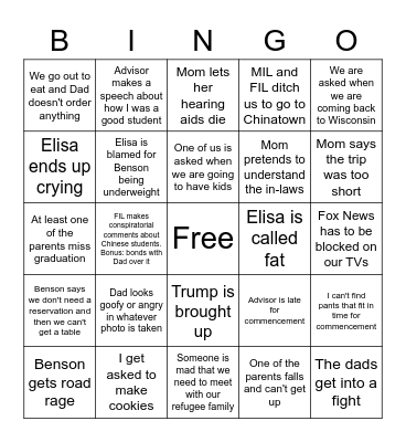 Commencement Weekend Bingo Card