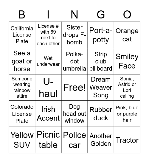 Road Trip BINGO Card