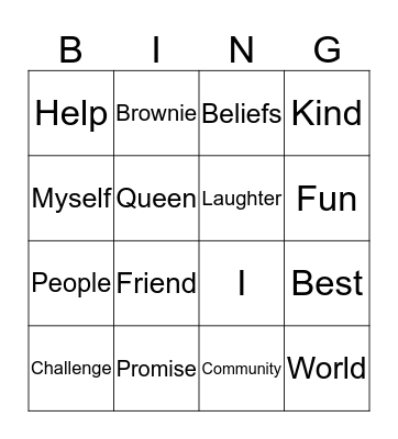 Brownie Promise Bingo Card