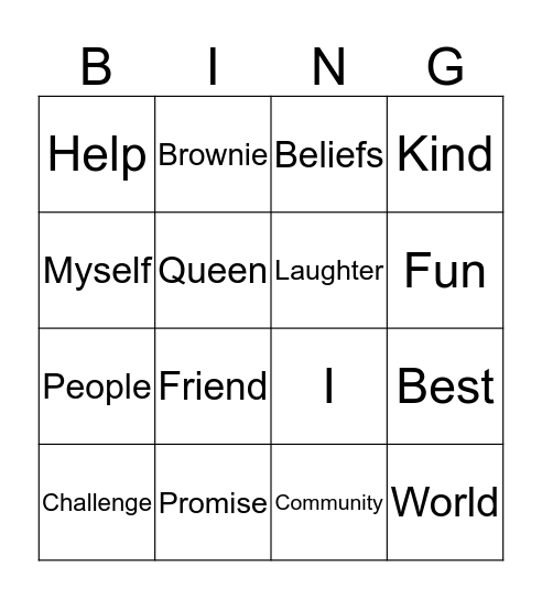 Brownie Promise Bingo Card