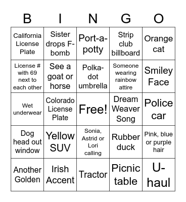 Road Trip BINGO Card