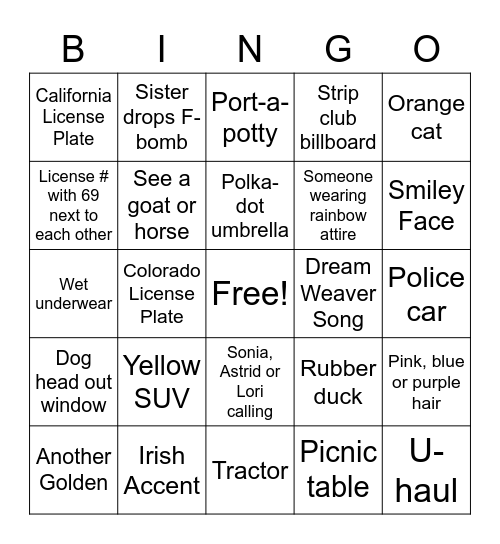 Road Trip BINGO Card