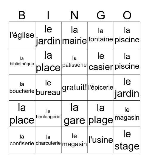 les endroits Bingo Card