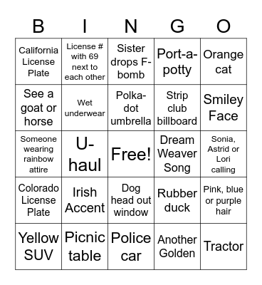 Road Trip BINGO Card