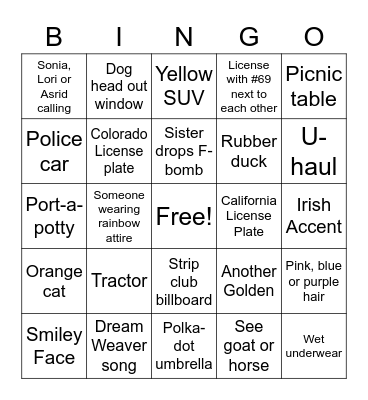 Road Trip BINGO Card