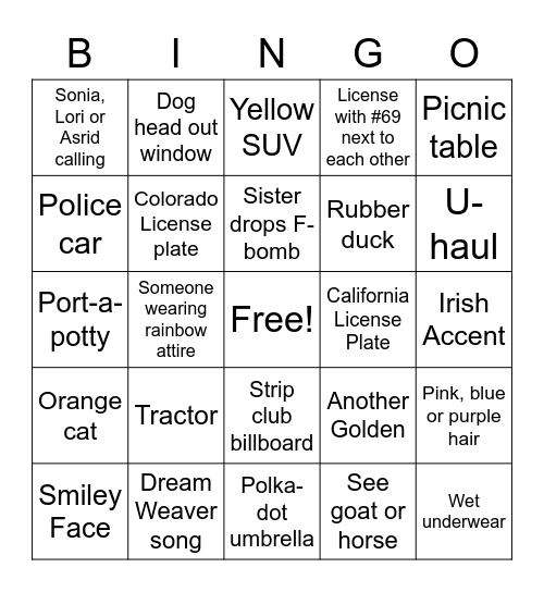 Road Trip BINGO Card