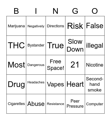 Drug Prevention Bingo Card