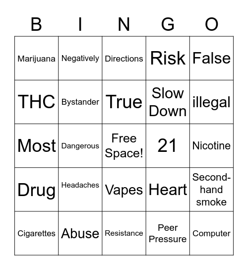 Drug Prevention Bingo Card