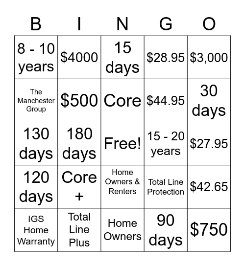 Home Warranty Bingo! Bingo Card