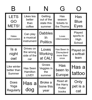 CAL STAFF BINGO! Bingo Card
