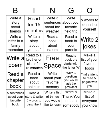 Reading & Writing Bingo Card