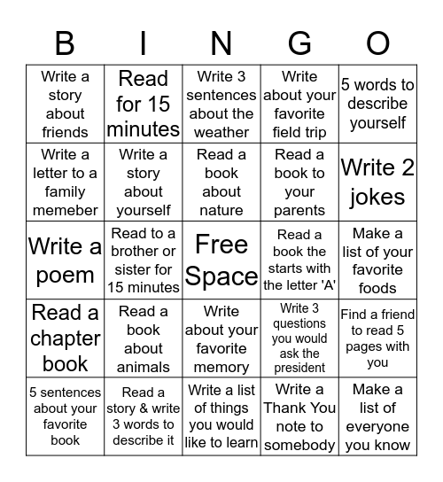 Reading & Writing Bingo Card