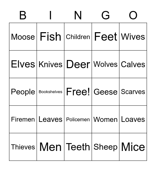 Iregular Plurals Bingo Card