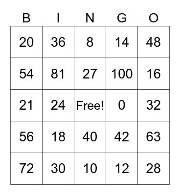Multiplication Bingo Card