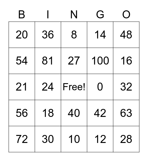Multiplication Bingo Card