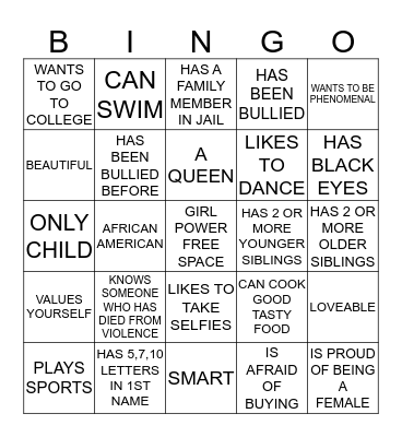 Girls Group Bingo Card