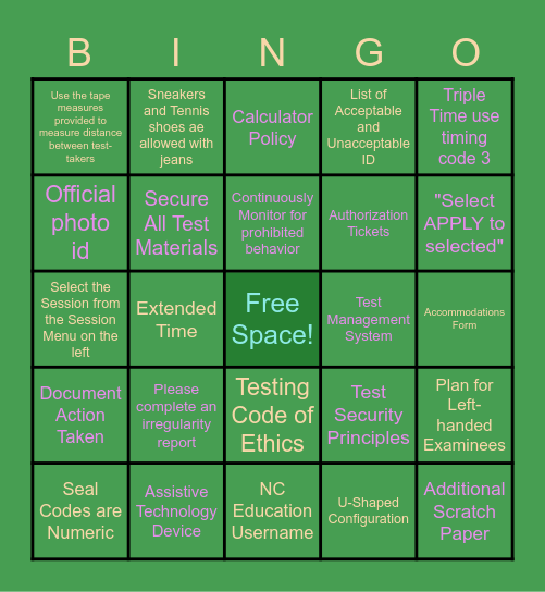 Testing Prep Bingo Card