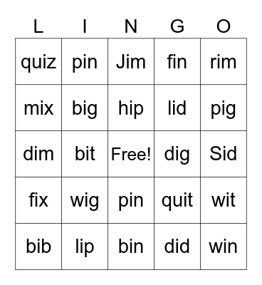 Short "i" Bingo Card