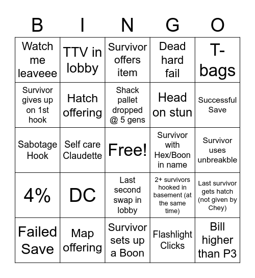 Dead by Daylight Killer Bingo Card