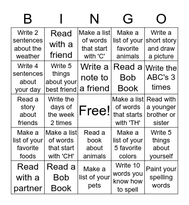 Reading & Writing Bingo Card