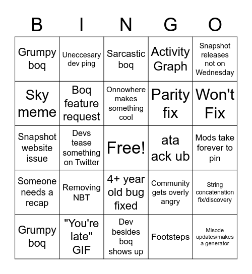 Wednesday Bingo Card