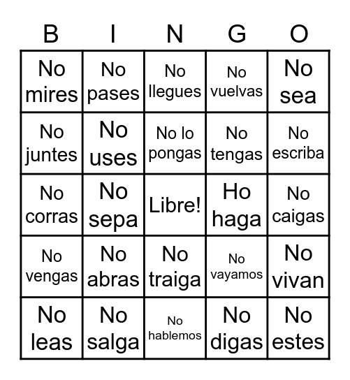 Mandatos negativos Bingo Card